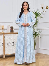 Abaya Islamic Chic Printing Tape Trim Full Sleeve V-Neck Belted Clothing Elegant Long Dresses For Women Saudi Arabia Blue Dress